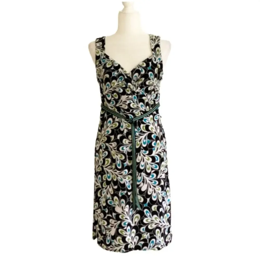 LOFT Dress Brown Blue Green Floral Sleeveless Ribbon Belted Dress Size 6